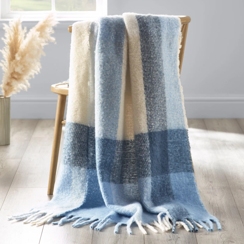 Image of Catherine Lansfield Faux Mohair 130cm x 170cm Check Throw Blue