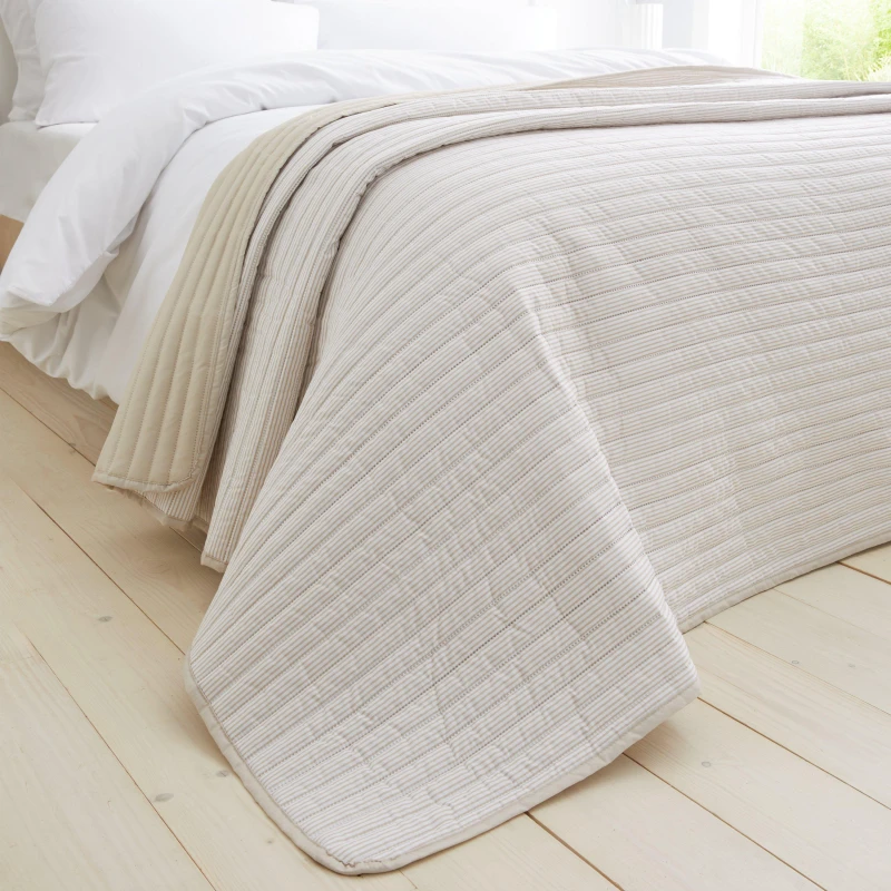 Image of Catherine Lansfield 'Stripe' Quilted Reversible Bedspread Natural