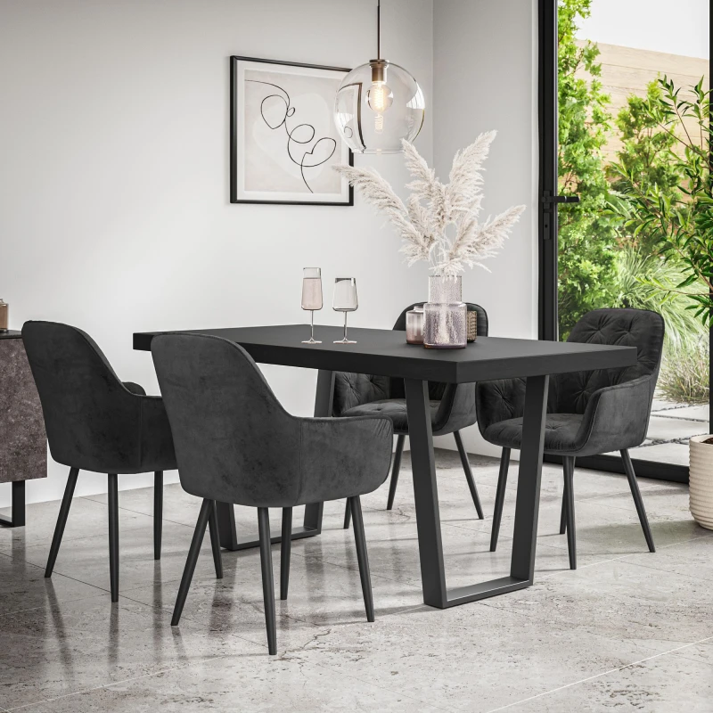 Image of More4Homes Aria Dining Table And Chairs - Black Table Top W Black Legs + Anika Velvet Dining Chair Set Of 6 (Black)