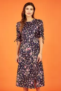 Image of Navy Animal Floral Print Ruched Sleeve Midi Dress
