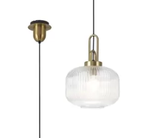 Image of 1 Light Pendant E27 With 30cm Pumpkin Shaped Ribbed Glass, Clear Brass Gold, Matt Black