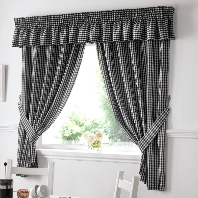 Image of Alan Symonds Gingham Kitchen Curtains - Black 117x122cm