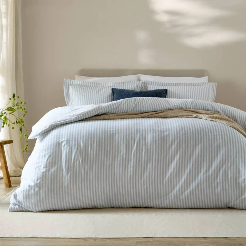 Image of Yard Hebden Striped 100% Cotton Duvet Cover Set in Pale Blue Size: Super King Pale Blue Unisex Super King