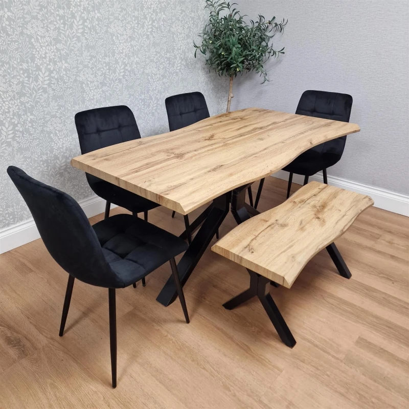 Image of Kosy Koala Dining Set With Brown Table, 4 Black Velvet Chairs And Matching Bench, Multi DAK140+4BKRO+B