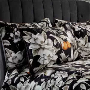 Image of Lavish Floral Printed Piped Cotton Sateen Pillowcase Pair Noir