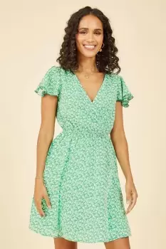 Image of Green Ditsy Print Wrap Skater Dress