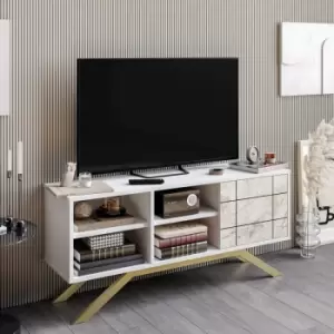 Image of Decorotika North 130 Cm Wide Decorative TV Stand, TV Console, TV Unit With Open Shelves, Cabinet And For Living Room, Bedroom- White And White Marble