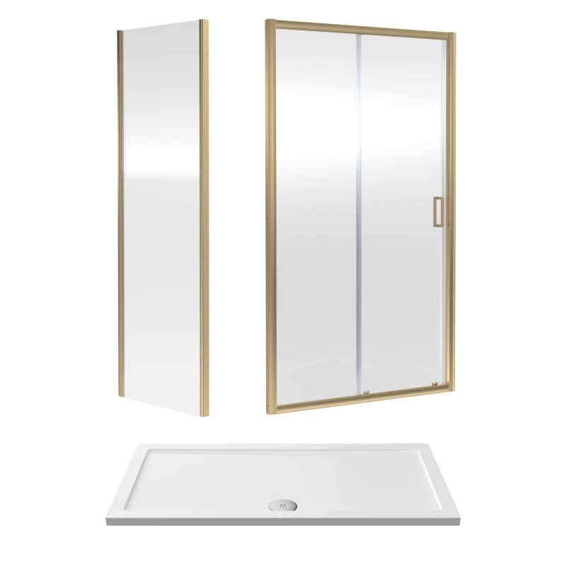 Image of Balterley Ruwa Sliding Shower Suite: 6mm Glass Tray Door Panel 1400x700mm Brass in Metallics Metallics Unisex