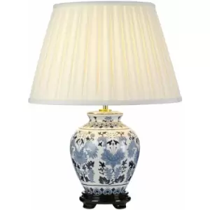 Image of Table Lamp Oriental Wooden Base Ivory Box Pleat Shade Blue/White LED E27 60w