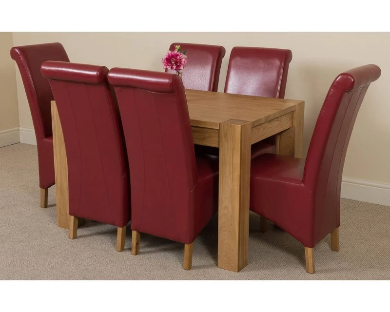 Image of Thats Furniture Kuba 125 x 80cm Chunky Oak Small Dining Table & 6 Montana Leather Chairs in Red Red Unisex 125 x 80 cm