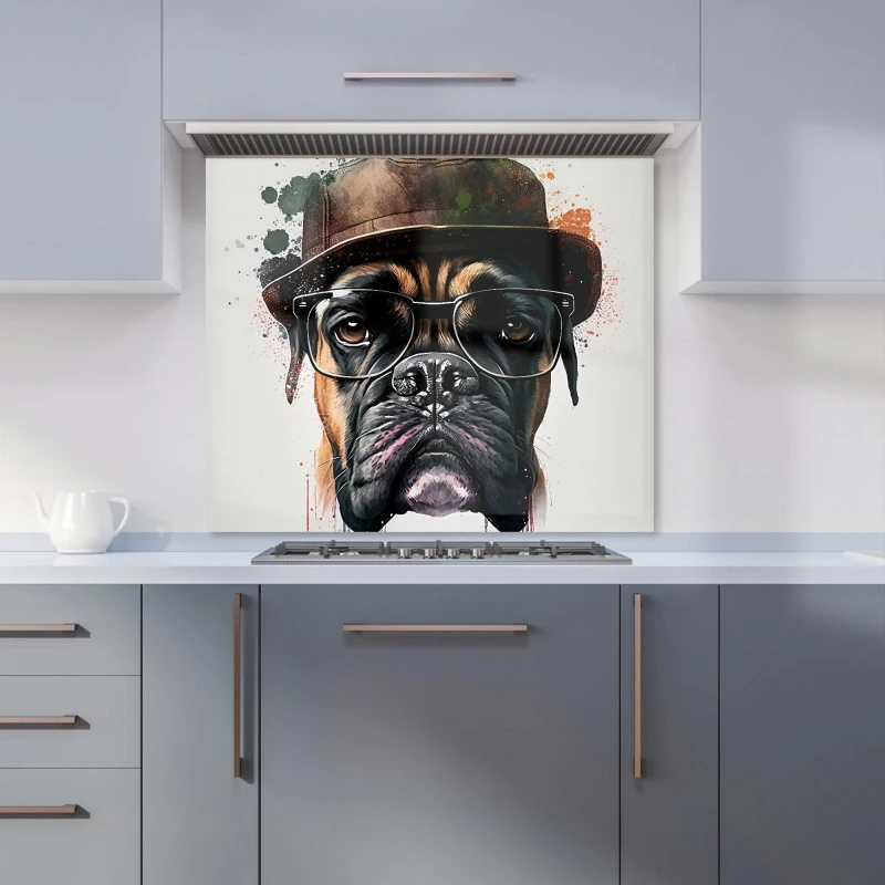 Image of Warren Reed - Designer Boxer Dog With Glasses Splashart Kitchen Splashback Size: 700mm x 650mm Multicolor Unisex 700mm x 650mm