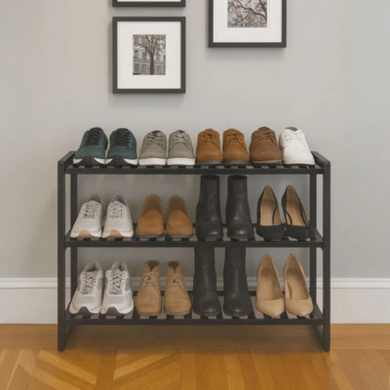 Image of Neo 3-Tier Bamboo Shoe Rack Stand Black Shoe Storage Shelf For Hallway Bedroom Bathroom