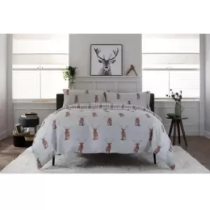 Image of Deyongs Glencoe Stags White Duvet Set - Double, Cotton, Check - White/Brown
