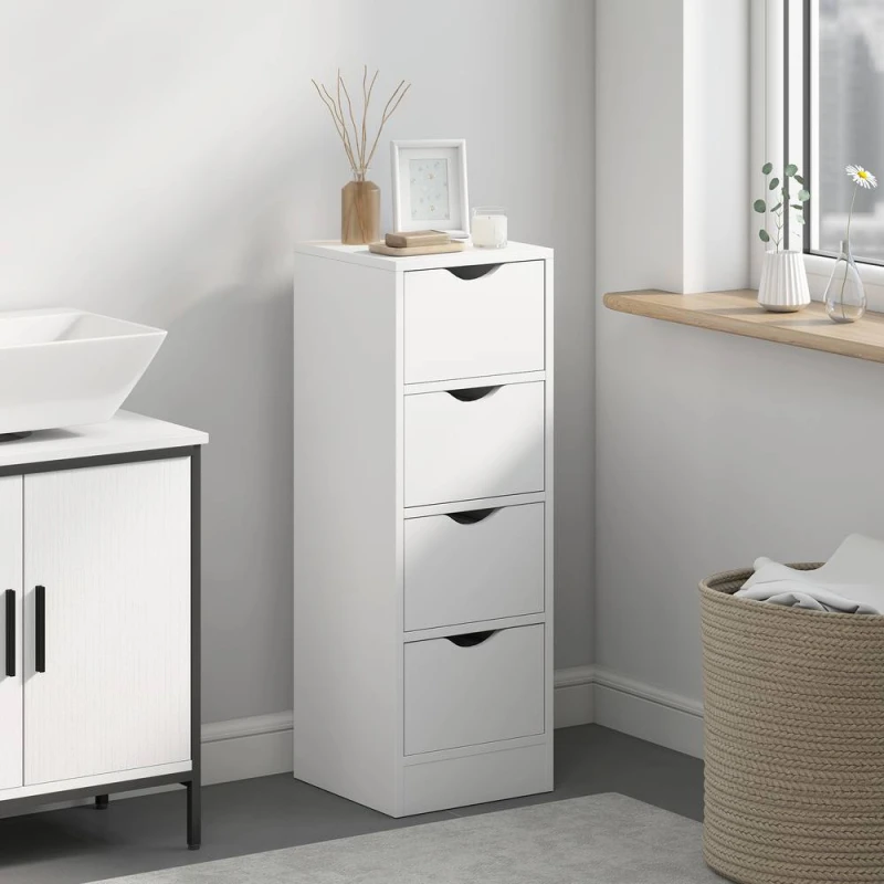 Image of HOMCOM 4-Drawer Bathroom Cabinet, Freestanding Narrow Cabinet, White White Unisex