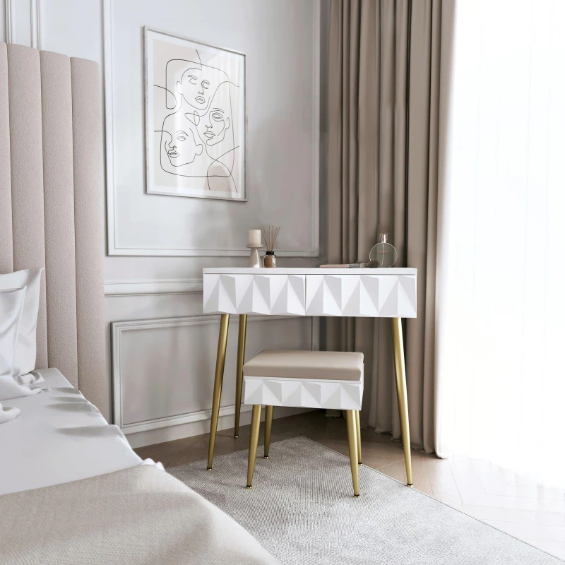 Image of CARME HOME Montana White Dressing Table with Velvet Padded Stool White