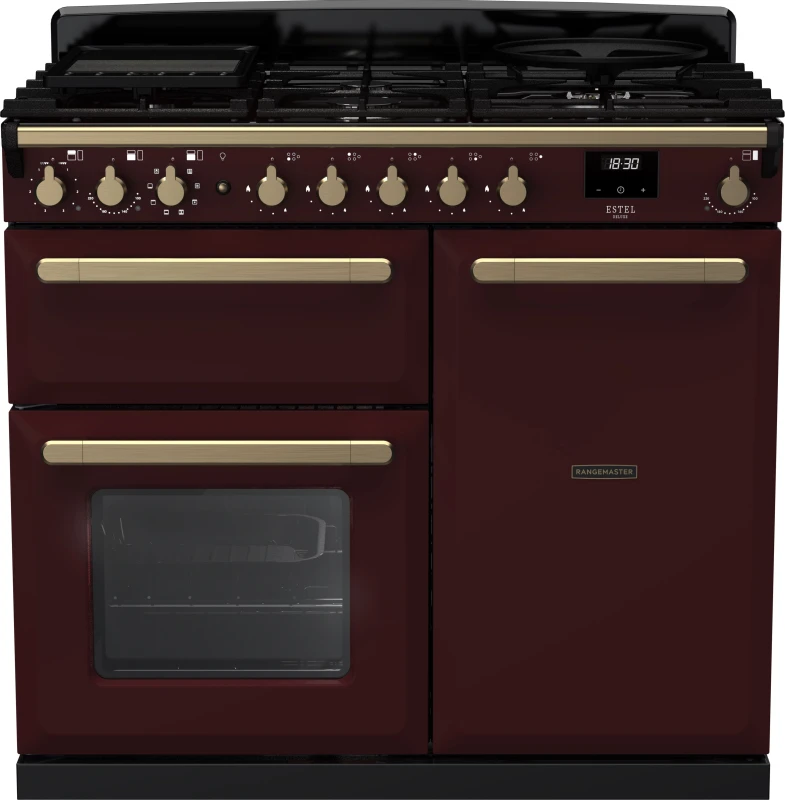 Image of Rangemaster Estel Deluxe ESDL100DFPBOR/AB1 100cm Dual Fuel Range Cooker - Bordeaux / Antique Brass - A/A Rated