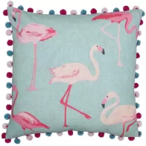 Image of Riva Home Flamingo Pom Pom Edged Square Cushion Cover (50 x 50cm) (Duck Egg)