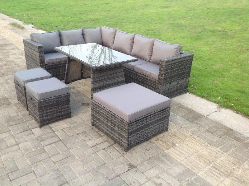 Image of Fimous PE Rattan Corner Sofa Set Rectangular Dining Table Set With Seat And Back Cushion 7 Seater Dark Grey