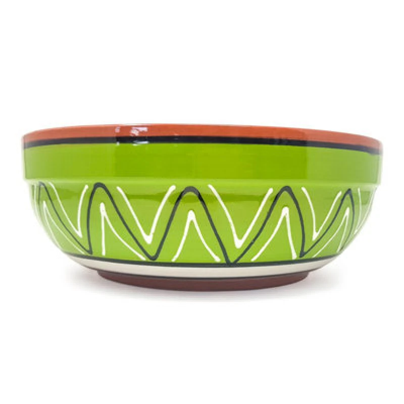Image of Verano Spanish Ceramics Fiesta Hand Painted Pattern Ceramic Kitchen Dining Deep Salad Bowl Lime Green (Diam) 26Cm
