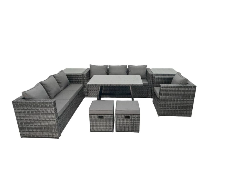 Image of Fimous Rattan Dining Table Sofa Set with 2 Side Tables Small Footstool 9 Seat in Dark Grey Dark Grey Unisex
