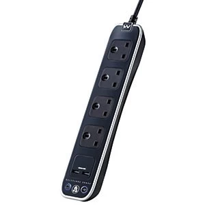Image of Masterplug 4 Socket Extension Lead With Surge Protection And USB - Black 1m 13A