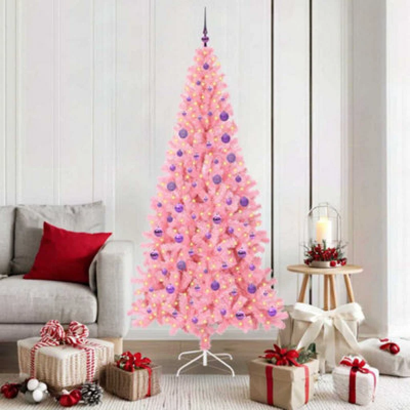 Image of vidaXL Christmas Tree with 300 LEDs, Lilac Balls with Stand Pink 180cm PVC, Pink 3396435