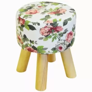 Image of Techstyle Floral Rose Patterned Upholstered Foot Stool With Wood Legs White / Pink / Green