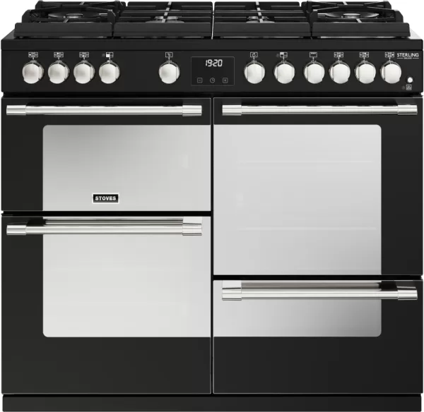 Image of Stoves Sterling Deluxe ST DX STER D1000DF GTG BK 100cm Dual Fuel Range Cooker - Black - A Rated