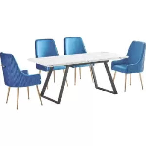 Image of 5 Pieces Life Interiors Soho Toga Dining Set - an Extendable White Rectangular Wooden Dining Table and Set of 4 Blue Dining Chairs - Blue