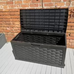 Image of 335 Litre Rattan Style Garden Cushion Storage Box with Sit on Lid - Black