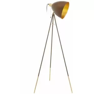 Image of Loops - Tripod Floor Lamp Light Gold Leg & Rust Metal Dome Shade 1 x 60W E27 Bulb