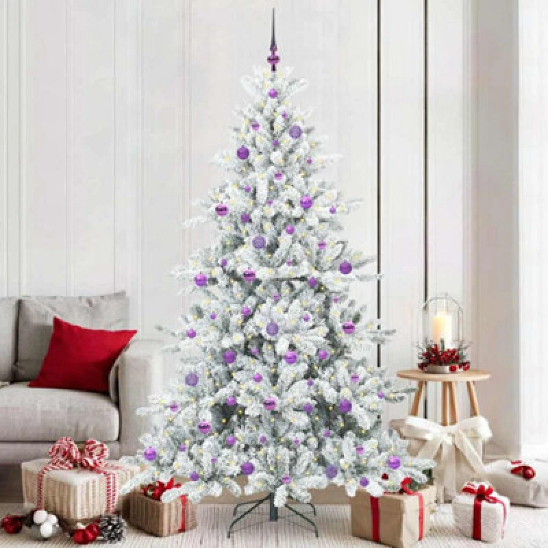 Image of vidaXL Artificial Hinged Christmas Tree with 300 LEDs, Lilac Balls Snow Flocked 210cm PVC, Green 3397737