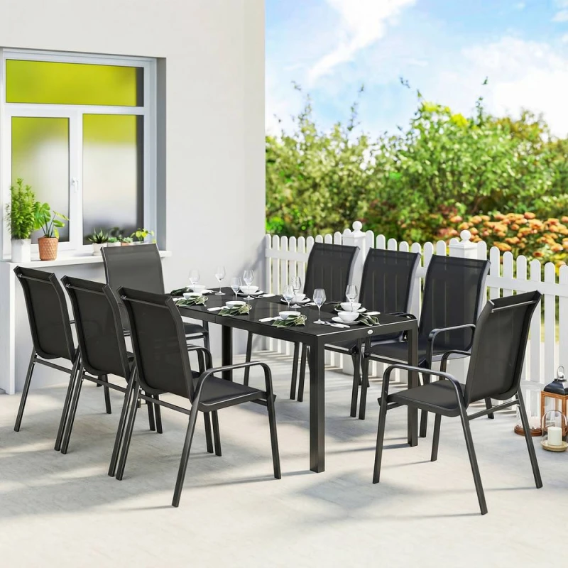 Image of OUTSUNNY 9 Pieces Patio Dining Set with Stackable Chairs in Black Unisex