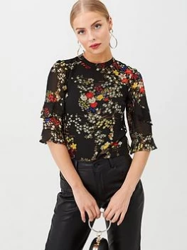 Image of Oasis Oriental Frill Sleeve Top - Multi Black, Size 8, Women