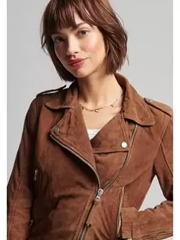 Image of Superdry Classic Suede Biker Jacket - Brown, Size 14, Women