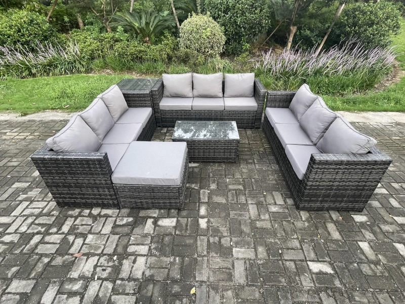 Image of Fimous 10 Seater Outdoor Lounge Sofa Set Wicker PE Rattan Garden Furniture Set with Oblong Coffee Table Side Table Big Footstool Dark Grey Mixed Dark