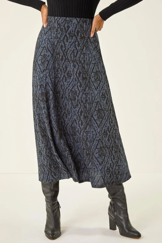 Image of Roman Womens Abstract Diamond Print Midi Skirt in Midnight Size: 16 Midnight Female 16