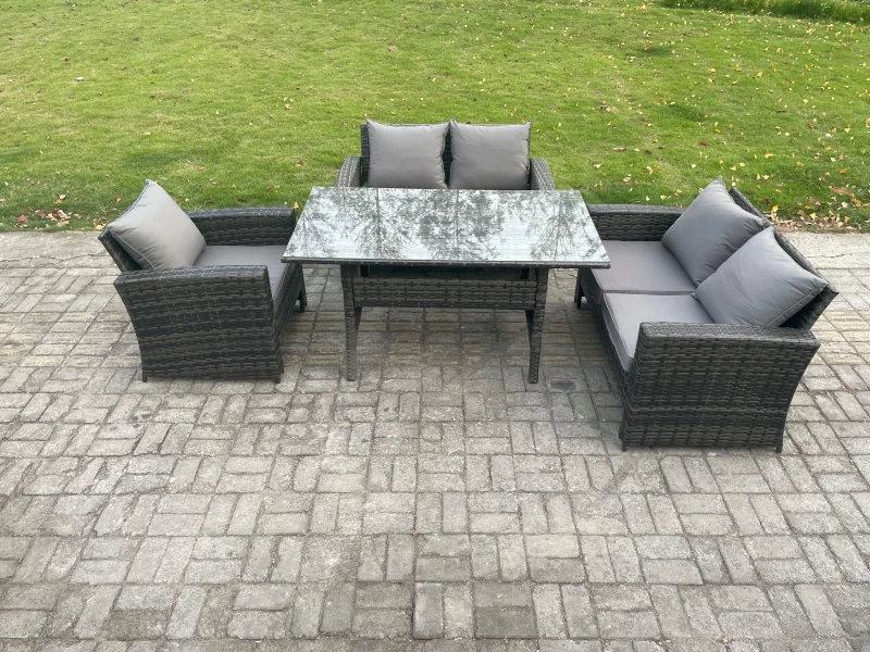 Image of Fimous 5 Seater Wicker Rattan Garden Dining Set Outdoor Furniture Sofa with Dining Table Double Seat Sofa Dark Grey Mixed Dark Grey Unisex