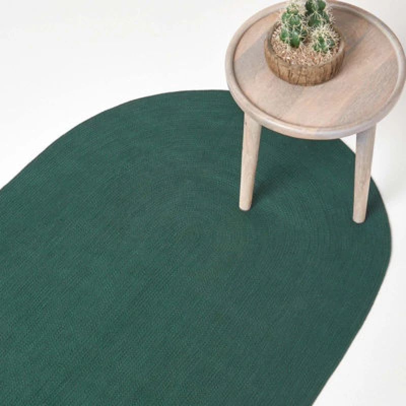 Image of Homescapes Forest Green Handmade Woven Braided Oval Rug, 50 X 80 Cm