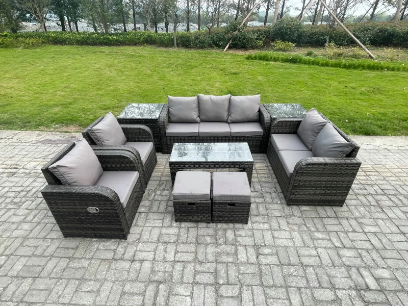 Image of Fimous 9 Seater Outdoor Rattan Garden Furniture Set Rattan Lounge Sofa Set with Rectangular Coffee Table 2 Side Tables 2 Small Footstools Dark Grey