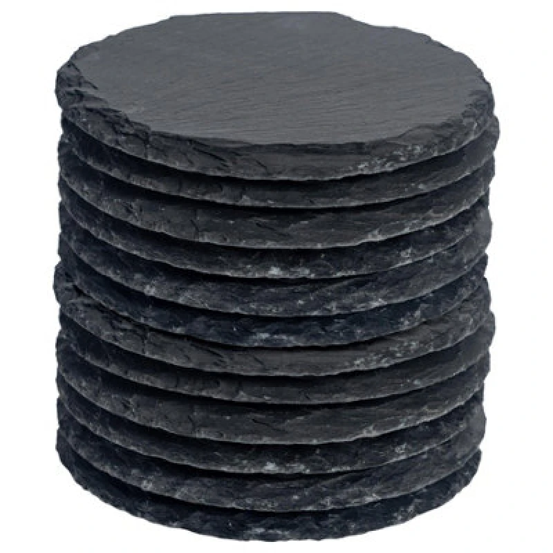 Image of Argon Tableware 12X Round Slate Coasters - Drink Coasters Black Stone Natural Slate Rough Edge Drink Mat Cup Mats