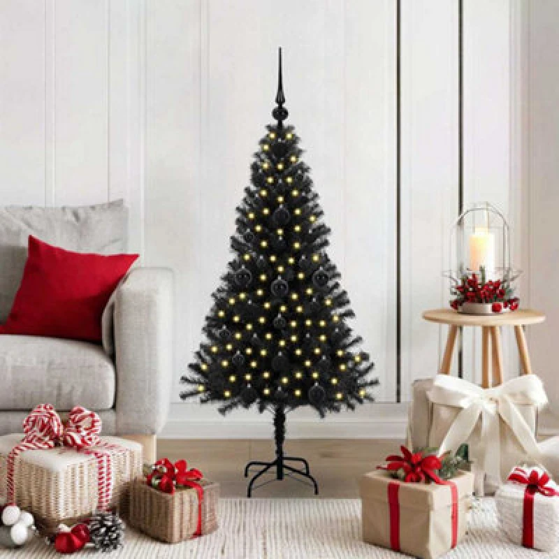 Image of vidaXL Christmas Tree with 150 LEDs, Black Balls with Stand Black 120cm PVC, Black 3396457