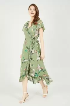Image of Green Frill Crane Wrap Midi Dress