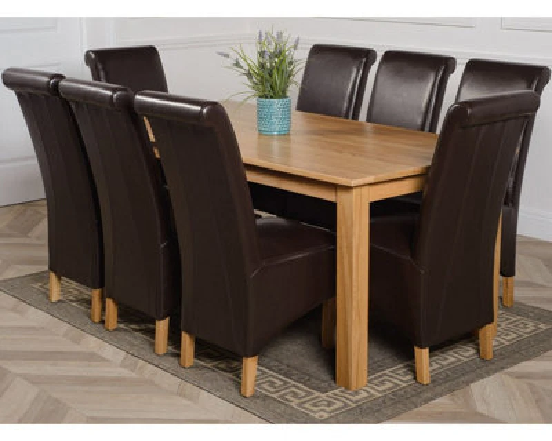 Image of Thats Furniture Oslo 180 x 90cm Large Oak Dining Table & 8 Montana Leather Chairs in Brown Brown Unisex 180 x 90 cm