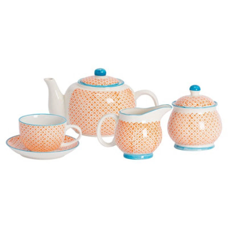 Image of Nicola Spring 15 Piece Hand-Printed Tea Set - Orange