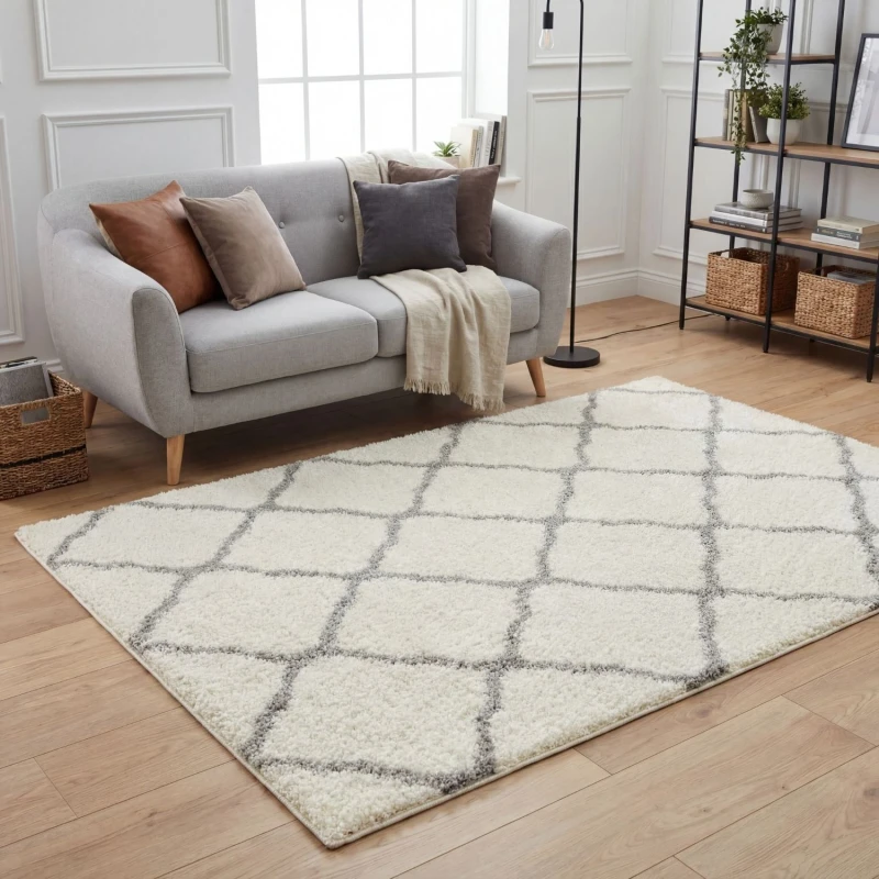 Image of THE RUGS Soft Moroccan Shaggy Rugs & Runners Ivory & Grey Living Room Size: 200cm x 290cm Ivory Unisex 200cm x 290 cm