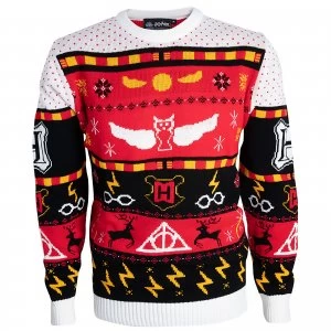 Image of Harry Potter Hogwarts Christmas Knitted Jumper - Red - M