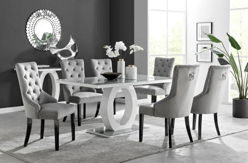 Image of FurnitureboxUK FurnitureboxUK Giovani 6-Seater Grey Glass Dining Table and 6 Belgravia Velvet Dining Chairs Grey One Size Unisex 5056542677151