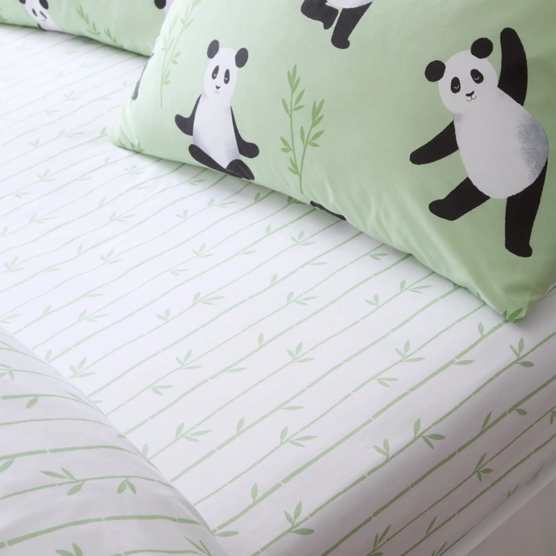 Image of Catherine Lansfield Panda Paws Easy Care Bed Linen Fitted Sheet Green