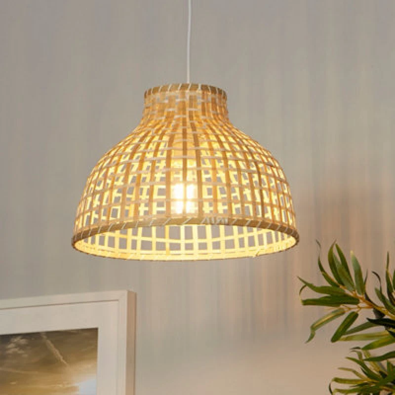 Image of Lighting Collection Medium Sun Weave Natural Rattan Style Open Lattice Dome Pendant Shade